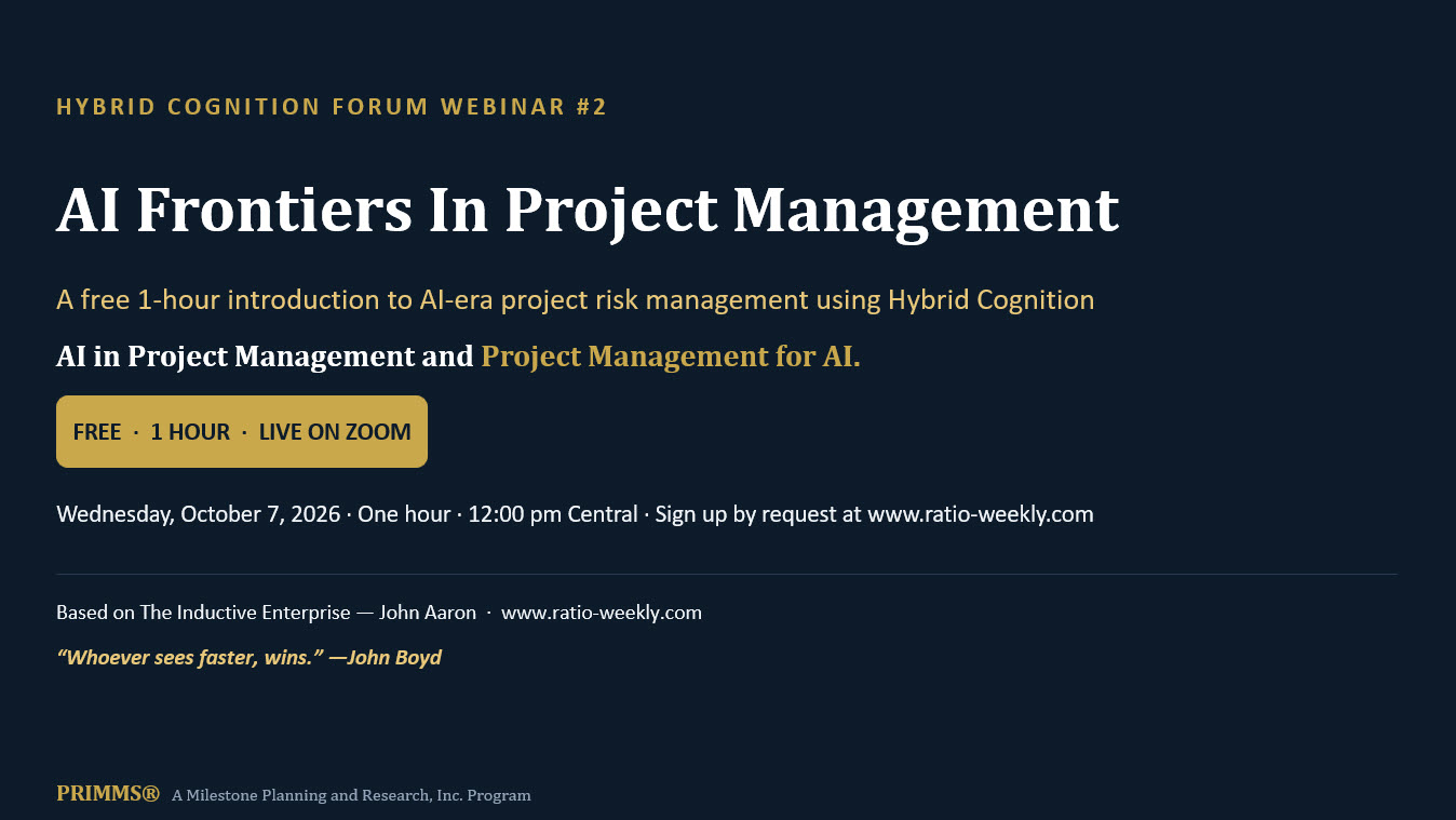 Hybrid Cognition Forum — slide 3 of 7: webinar #2 — AI Frontiers in Project Management, October 7, 2026