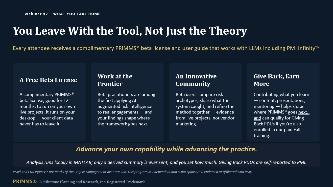 Hybrid Cognition Forum — slide 4 of 7: what you take home — a free PRIMMS beta license and user guide