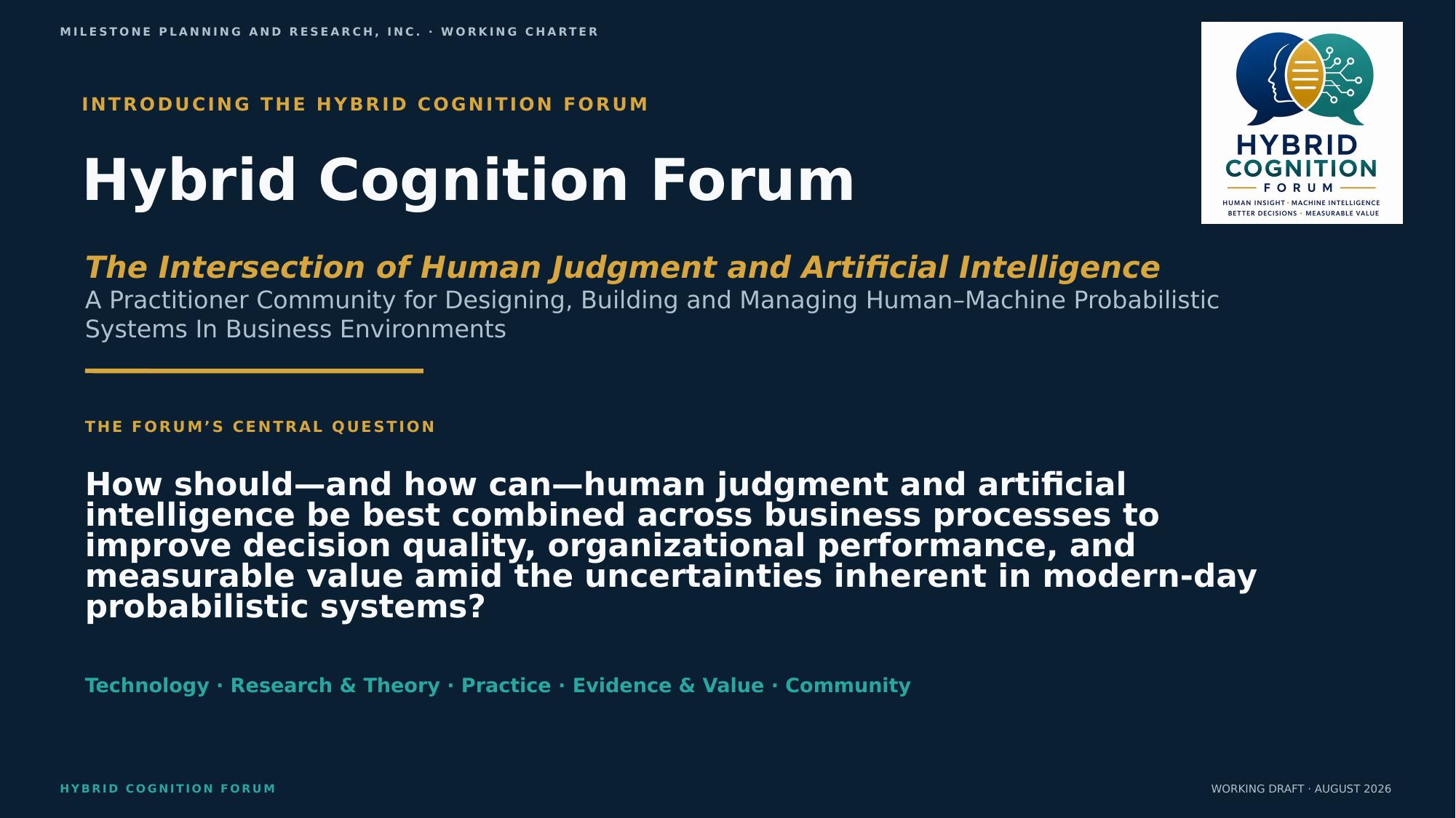 Introducing the Hybrid Cognition Forum — the intersection of human judgment and artificial intelligence, title slide and central question
