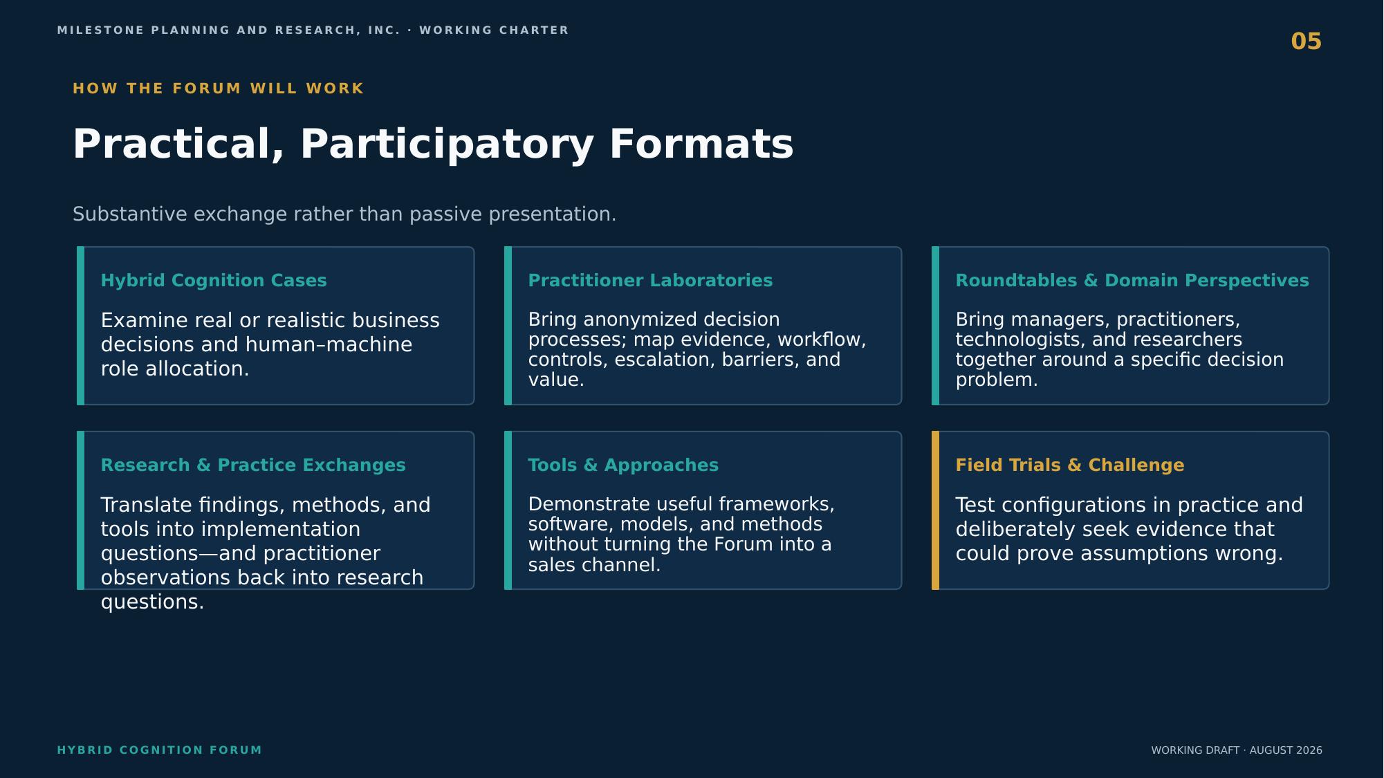 How the Forum will work — practical, participatory formats